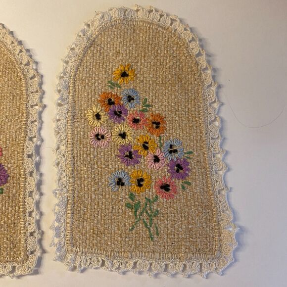 VTG Crocheted Embroidered Chair Head & Arm Cover Protectors Cotton Grannycore - Picture 7 of 15